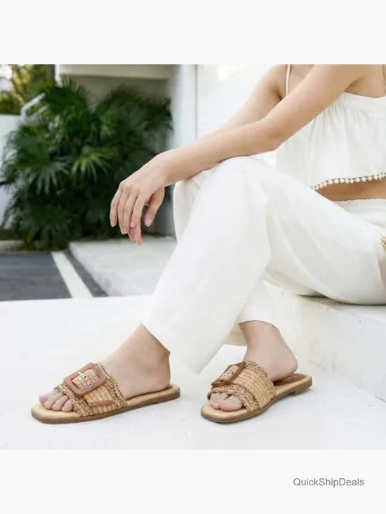 Raffia Flat Sandals Square Toe Slide Slip On Summer Beach - Picture 3 of 7